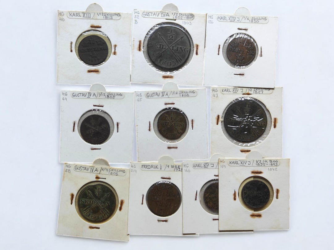Swedish Old Copper Coins Collection 10 Pcs in Old Holders Estate Find ...