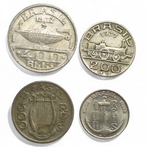 Brazil antique coin set of 4 pcs. Reis old coins 1930&#39;s rare reales coins numismatic gift collectible, Brazilian money, old coins