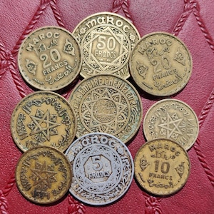 Morocco old coin collection lot of 9 Coins from Africa 1950s French Maroc Francs Numismatic bundle collectible gift