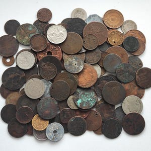 Old antique coins for collecting revival or crafting. Some Dug up, with holes, scratches, dents interesting bulk coin lot 100 pcs.