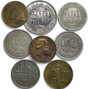 Brazil antique coin collection 8 rare old coins including silver 2000 Reis 1860&#39;s-1930&#39;s