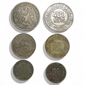 Brazil antique coins two sets of 100+200+400 Reis 1901 and 1930&#39;s reales coins numismatic gift collectible, Brazilian money, old coins