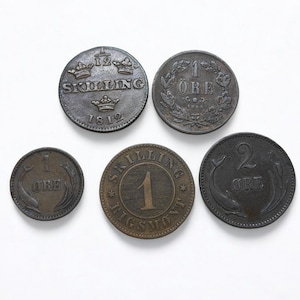 Rare Antique European coins collection Danish and Swedish Bronze and copper coins. 1800&#39;s Historical Coinage numismatic gift bundle