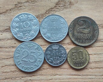 Iugoslávia Sérvia lote antigo coleção de moedas pacote 6 peças. de 1920 a 1938 numismático colecionável