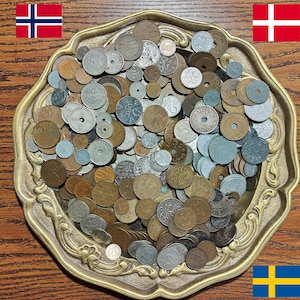 Old Nordic Scandinavian coins from big pile, 1900&#39;s to 1950&#39;s Swedish, Norwegian and Danish antique coins bundle. Numismatic money