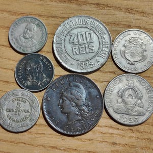 Old American coins from Argentina, Costa Rica, Nicaragua, Brazil, Honduras set of 7 coins from 1890&#39;s to 1950&#39;s Historical money numismatic