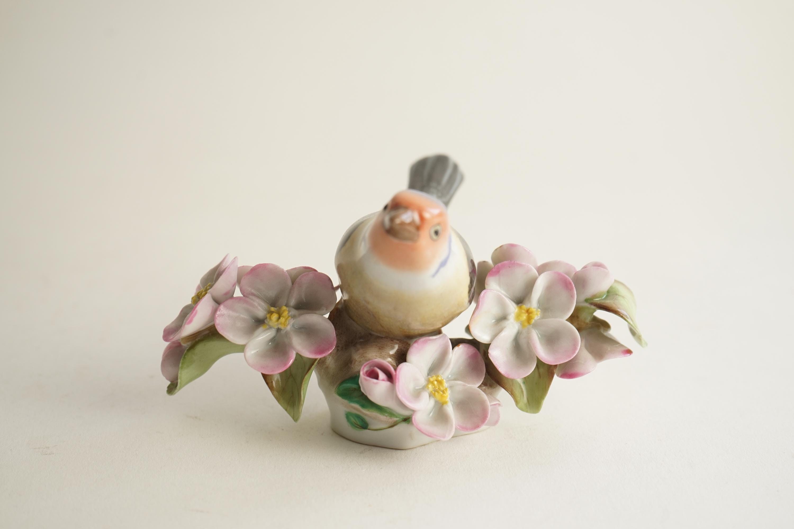 ヴィンテージ レア ヘレンド 磁器 花をつけた鳥 / 手描きの置物 