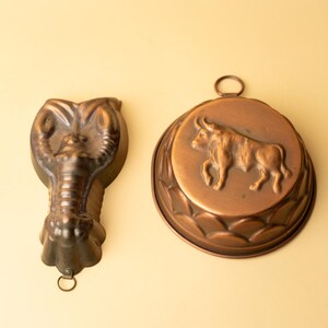 Molde para hornear de cobre vintage / Juego de 2 / Decoración de pared / Moldes de gelatina de cobre / Toro y cangrejo de río