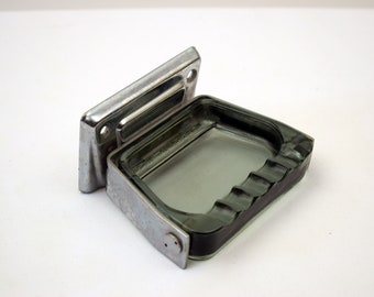 vintage Bathroom Wall Ashtray / Glass Metal