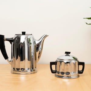 Vintage WMF Kaffee & Tee Set - Mid Century Modern Cromargan Edelstahl, deutsches Design, Chrom Teekanne Zuckerdose, Bauhaus Stil Dekor