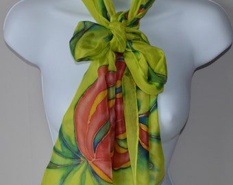 Flame Lily-Hand Painted Silk Scarf-Ex Long-Fiery Red Tones in Vivid Lime Green-Original Design Artist Painted Scarf-Mothers Day Gift for Her