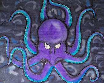 Purple Octopus Hand Painted Silk Bandana/Kerchief in Purple & Navy-Original Design Painted by Artist in the UK-Gift for Her-Octopus Gift