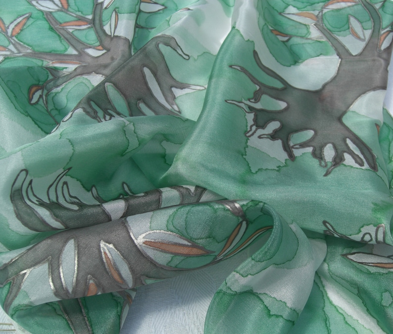 Unique Gift Tree of Life in Ash Green or Silver Grey Original Design Hand Painted Silk Neckerchief Scarf By British Artist Kaz Mills