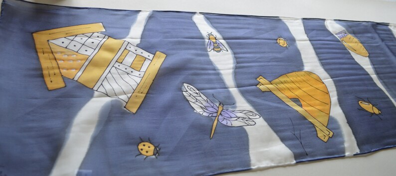 Original Design Hand Painted Extra Long Silk Fabric Scarf By British Artist Kaz Mills Beautiful Bugs with Navy Blue Background