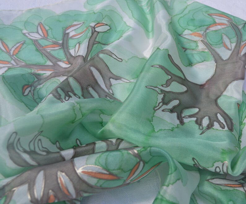Unique Gift Tree of Life in Ash Green or Silver Grey Original Design Hand Painted Silk Neckerchief Scarf By British Artist Kaz Mills