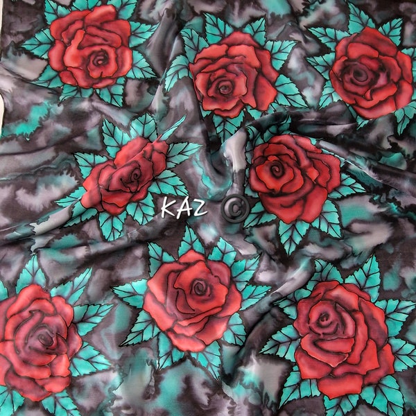 Scarlet(t)'s Rose Hand Painted Silk Bandana-Original Design Painted by Artist in UK-Gift for Her-High Fashion-Mother's Day Gift-Gift for Her