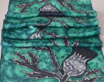 Hand Painted Sm Silk Neck Scarf-Avalon Thistle in Teal & Navy Blue-Original Design-Gift for Her-Unique Scottish Scarf-Painted by Artist