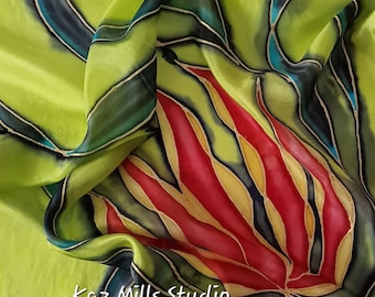 Flame Lily-Hand Painted Square Silk Neck Scarf-Bandana-Neckerchief in Lime Green with Stunning Red & Yellow Blooms-Unique Gift for Her