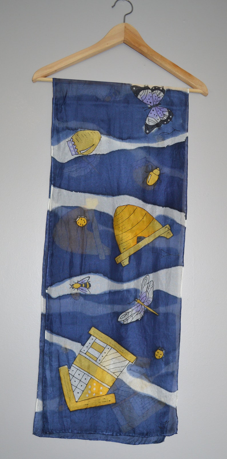 Original Design Hand Painted Extra Long Silk Fabric Scarf By British Artist Kaz Mills Beautiful Bugs with Navy Blue Background