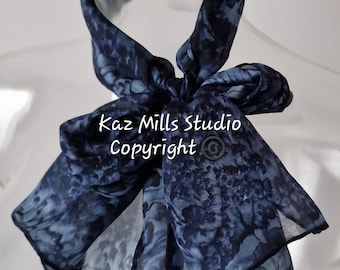 Hand Painted Silk Sm Neck Scarf-Water Dance in Navy Blue Abstract-Original Painted by Artist in UK-Mother's 's Day Gift for Her-Tie on Bag