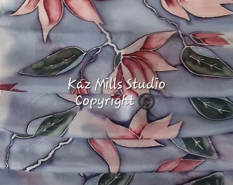 Hand Painted Extra Long Extra Wide Silk Scarf Nirvana Garden Sweet Magnolia in Silvery Blue-Painted by Artist in UK-Mother's Gift for Her