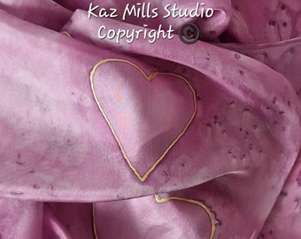 Hearts-Hand Painted Sm Silk Neck Scarf-Abstract in Pale Raspberry Pink with Gold Detailing-Decorative Scarf-Hair Tie-Mother's Day Gift