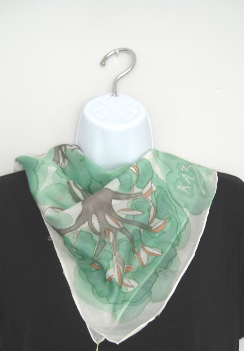 Unique Gift Tree of Life in Ash Green or Silver Grey Original Design Hand Painted Silk Neckerchief Scarf By British Artist Kaz Mills