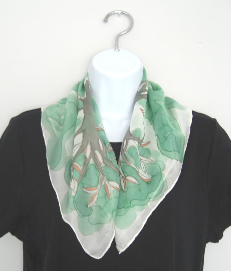 Unique Gift Tree of Life in Ash Green or Silver Grey Original Design Hand Painted Silk Neckerchief Scarf By British Artist Kaz Mills