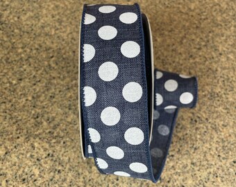 1.5" Blue and White Polka Dot Wired Ribbon