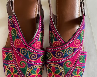 Hand Crafted & Hand Embroidered Leather Sandal embellished with multicolored Reshamkari- Eid Collection