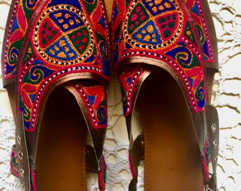 Hand Crafted & Hand Embroidered Leather Sandal embellished with multicolored Threadwork - Boxing Day Sale