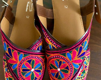 Hand Crafted & Hand Embroidered Leather Sandal embellished with multicolored Reshamkari Threadwork