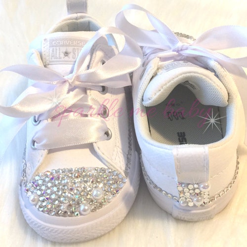 Wedding Converse With Bling and Pearls ~ Sizes 2c thru shops 3y ~ Perfect for your Flower Girl ~ Gorgeous Customized Converse