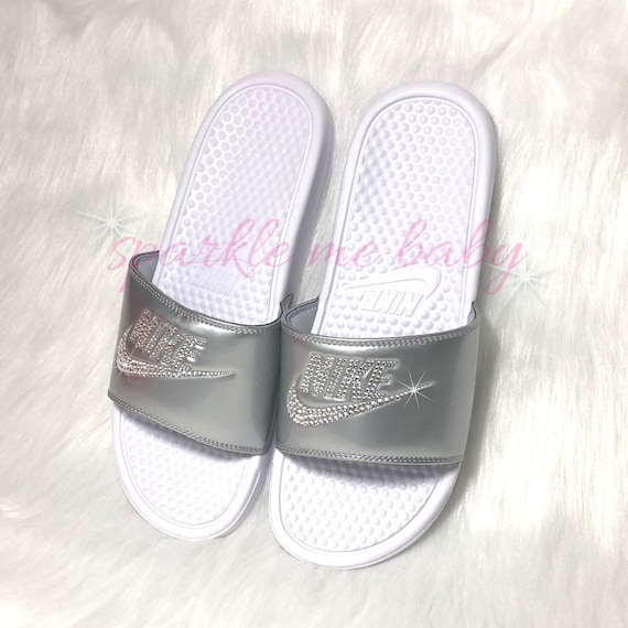 silver nike slides