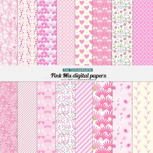 Spring Pink digital papers,cute pink hearts-butterflies-stars-geometric patterns-collage digital downloads,cute,whimsical pink scrapbook