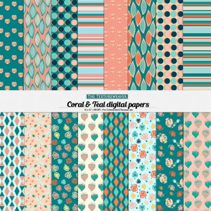 Op de afbeelding: Twaalf digitale papieren in koraal- en teal kleuren met verschillende patronen, waaronder geometrische vormen, bloemen en stippen. De tekst "THE TEXTUREWEAVER Coral & Teal digital papers 12 x 12" 300 DPI | For Commercial & Personal use" staat bovenaan de afbeelding.