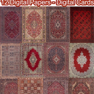 May include: A collection of 12 digital papers and digital cards featuring Persian red carpet designs. The image showcases various patterns and colors, including red, blue, and beige, with intricate floral and geometric motifs. The text "Persian Red Carpet" and "12 Digital Papers - Digital Cards" is displayed at the top.