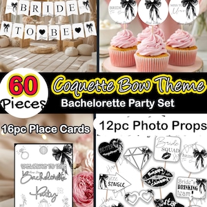 Könnte beinhalten: Ein 60-teiliges Junggesellinnenabschied-Set mit Coquette-Schleifen-Motiv. Enthält ein 13-teiliges Banner-Set, 17 Cupcake-Topper, 16 Platzkarten und 12 Foto-Requisiten. Die Artikel sind in Schwarz-Weiß gehalten und mit Schleifen-Grafiken versehen.