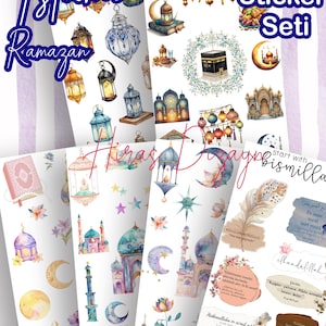 Op de afbeelding: Een set van zes sticker vellen met aquarel illustraties met een islamitisch thema. De stickers bevatten afbeeldingen van lantaarns, moskeeën, manen en kalligrafie. De tekst "Islamic Ramazan" en "Sticker Seti" zijn zichtbaar.
