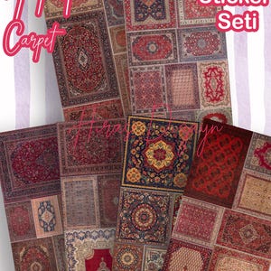 May include: A collection of decorative stickers featuring various Persian carpet designs. The stickers showcase intricate patterns in shades of red, blue, and beige. The text "Hali Carpet" and "6 in Sticker Set" are visible.