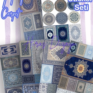 6 fogli di adesivi con autentico motivo di tappeto blu per bullet journal, scrapbooking, collage, adesivi stampabili.