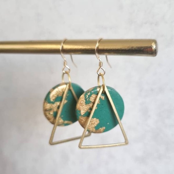 Green and Faux Gold leaf/ Polymer clay/ Statement earrings/ Triangle earrings/ Dangle earrings /Handmade / Free shipping /