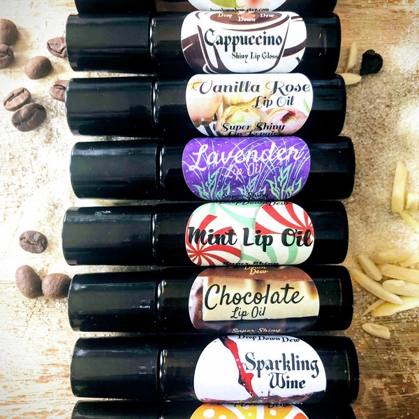 Lip Oil, Lip Repair, Lavender, Vanilla Rose, Cappuccino, Citrus, Mint, Chocolate, Sparkling Wine, Coconut Lime, Maple Syrup, Banana, Almond