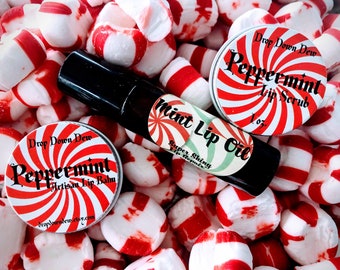 Peppermint Gift Set, Peppermint Lip Balm, Peppermint Lip Scrub, Mint Lip Oil, Set of 3