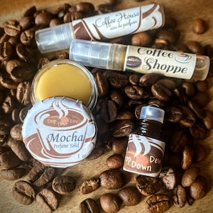Coffee Fragrance Sample Set, Cafe au Lait, Coffee House, Coffee Shoppe, Mocha Perfume, Set of 4 Perfume Samples, Coffee Bean Scent Perfumes