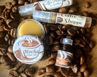 Coffee Fragrance Sample Set, Cafe au Lait, Coffee House, Coffee Shoppe, Mocha Perfume, Set of 4 Perfume Samples, Coffee Bean Scent Perfumes