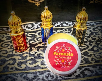 Parousia Perfume Solid, Smoky Leather, Sweet Tobacco, Bay Rum, Pomegranate, Perfume Balm, Perfume Fixative