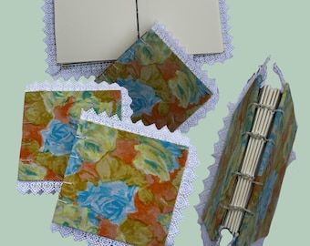 Handbound Coptic Stitch Mini Journal or Sketchbook - Upcycled Orange Floral Fabric and Lace Trim - Drawing Paper - Travel Size