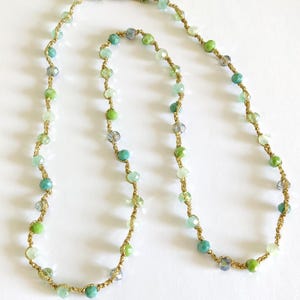 Crocheted Crystal Beaded Necklace, Shimmering Gold Thread Jewelry