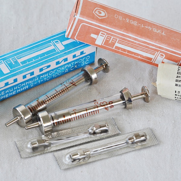 Lot of 2 New Vintage Soviet USSR Glass metal brass SYRINGE Medical old reusable hypodermic with Manual + 2 needles 2 ml